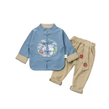 Новые осенние Для детей костюм в китайском стиле для маленьких мальчиков и девочек Вышивка пуговица в виде китайского узла из кофты и штанов(2 шт./компл. хлопок Повседневное спортивные костюмы