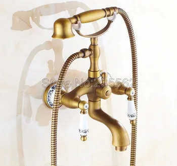 

Antique Brass Dual Handles Bathtub Faucet Wall Mounted Swive Spout with Handshower Tub Mixer Tap ltf311