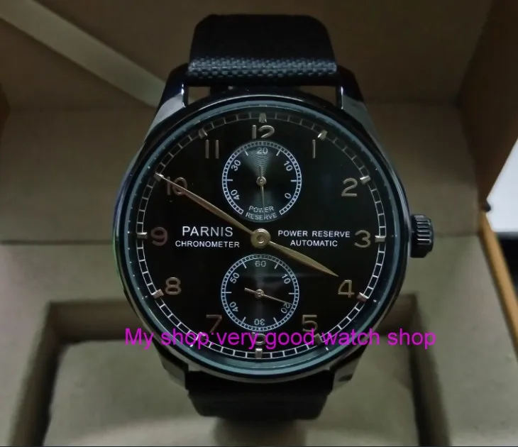 

43mm PARNIS pilot power reserve Automatic Self-Wind Mechanical movement men's watch PVD case black Nylon strap zdgd109a