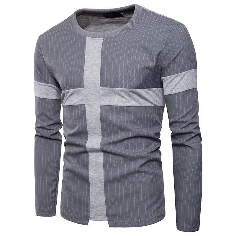 Mens clothing T-shirt chest cross stitching fashion tshirts stripe design casual long sleeves male tops 2colour Mens clothing T-shirt chest cross stitching fashion tshirts stripe design casual long sleeves male tops 2colour