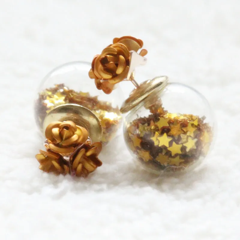 

2017 New Fashion Earrings Colored Roses Wishing Girlfriend Gift Double Sided Glass Ball Stud Earring For Women Jewelry
