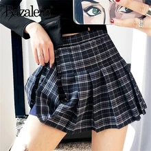Модные мини-юбка Harajuku Шотландка синяя Для женщин сексуальная женская одежда юбки сексуальные клетчатые юбки в складку, Боковая кнопка Высокая талия женские юбки в стиле casual