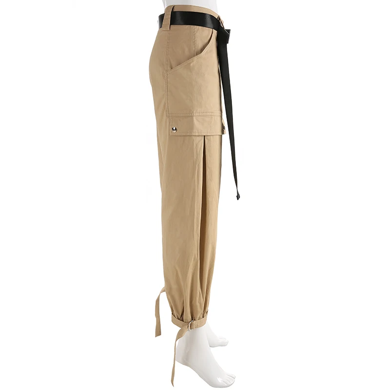 TCJULY новый дизайн хаки Брюки карго с бесплатный ремень Высокая талия Свободные повседневные штаны для женщин модная уличная шаровары для