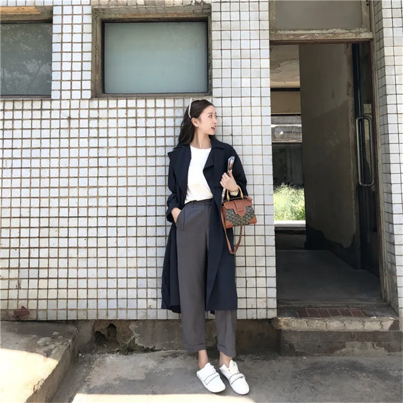 Япония и корейский стиль Harajukt ветровка женская новая модель длинное Свободное пальто Плиссированное шифоновое лоскутное с поясом Тренч