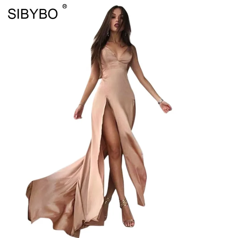 

Sibybo Open Split Sexy Long Dress Summer V-Neck Spaghetti Strap Empire Party Dresses Long Sleeveless Elegant Dresses for Women