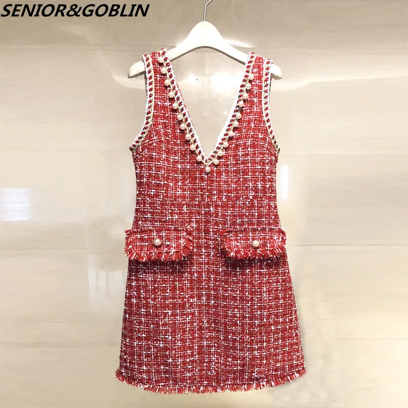 

2019 High Quality Brand Dress Beading Black Dress Winter Spring Pearls Tassel Sleeveless Tweed Woolen Women Red Dress vestidos