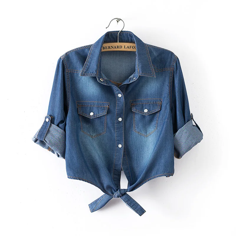 

100% Cotton All-match Women Slim Denim Shirt Fashion Jeans Style Short Lapel Bow Outerwear Cardigan Female Blouses Shawl 1664