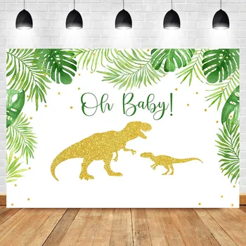 

NeoBack Gold Dinosaur Baby Shower Backdrop Oh Baby Green Leaf Photo Background Party Dessert Table Decorate Banner Backdrops