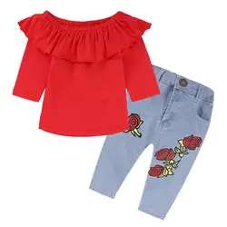 Комплекты одежды для девочек красная рубашка и Роза джинсовые штаны Обувь для девочек бутик осенние комплекты модные детские костюмы