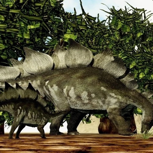 A Stegosaurus baby looks to its mother for guidance Poster Print (40 x 20)