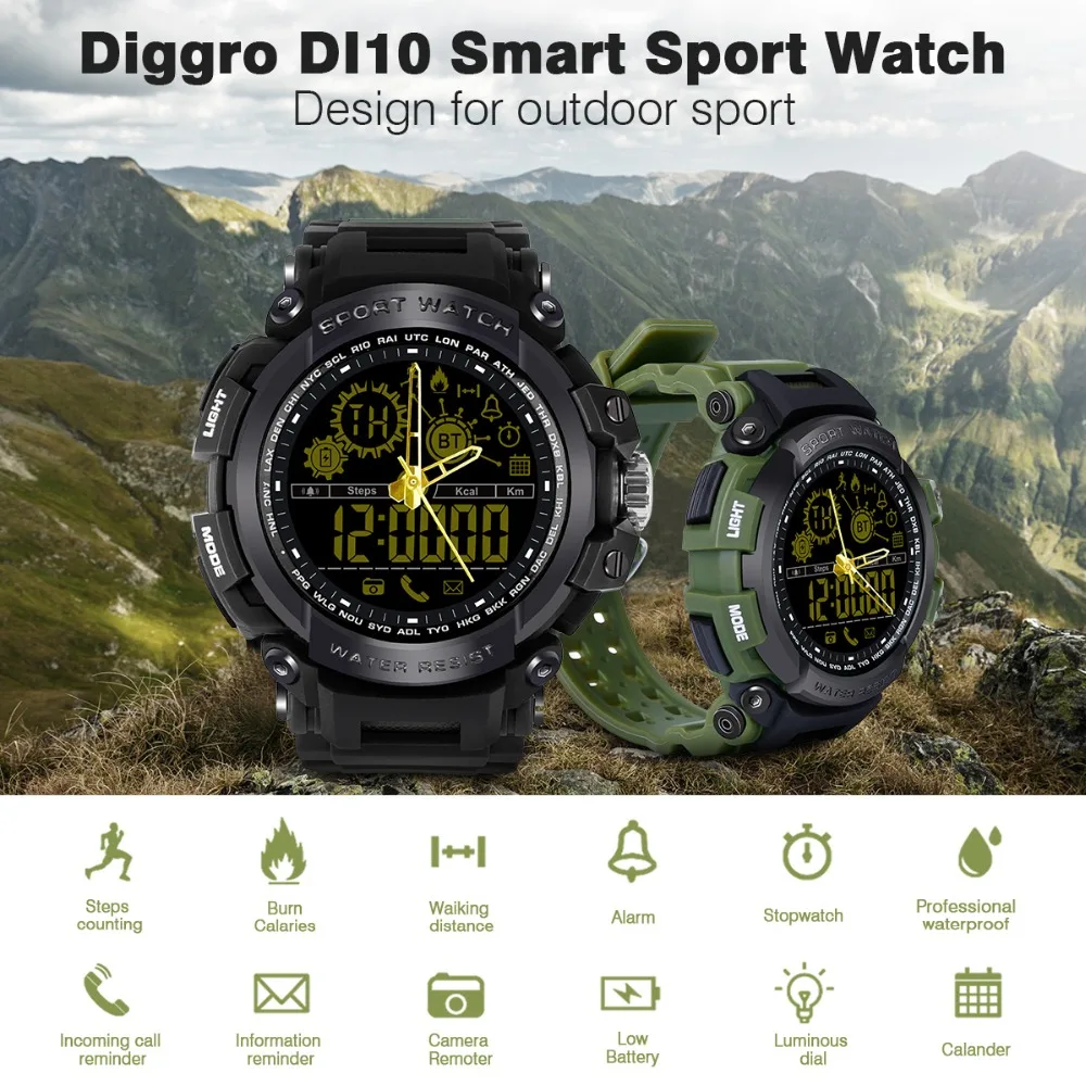 Diggro DX16 DI10 умные спортивные часы IP68 Водонепроницаемые длинные часы в режиме ожидания Bluetooth 4,0 Смарт 1,21 дюймов часы для IOS Android