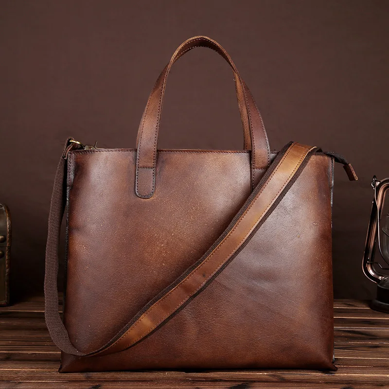 

Casual Vegetable Tanned Leather Brush Color Male Top-Handle Bags Handmade Shoulder Messenger Bags For Men Men's Briefcase LS8829