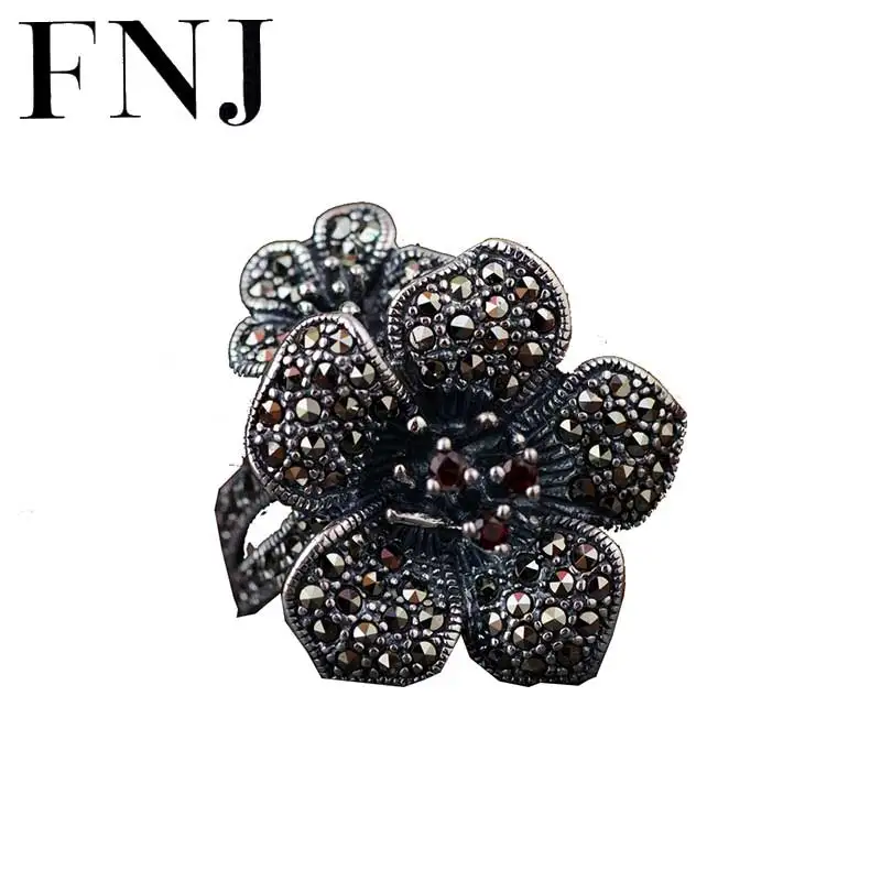 

FNJ 925 Silver Flower Ring Punk New Fashion S925 Sterling Thai Silver Rings for Women Men Jewelry Adjustable Size