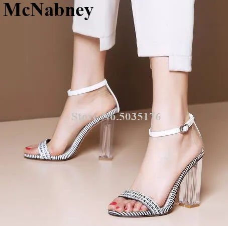 

2019 Summer New Peep Toe Crystal Thick High-Heeled Letter One-Word Buckle With Striped Sandals European And American Women Shoes
