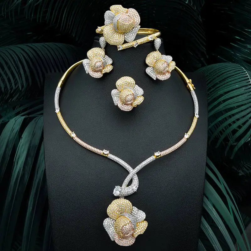

ModemAngel Luxury Rose Flower Super Shiny AAA Cubic Zirconia Jewelry Set Women Engagement Wedding Necklace Bangle Earring Ring