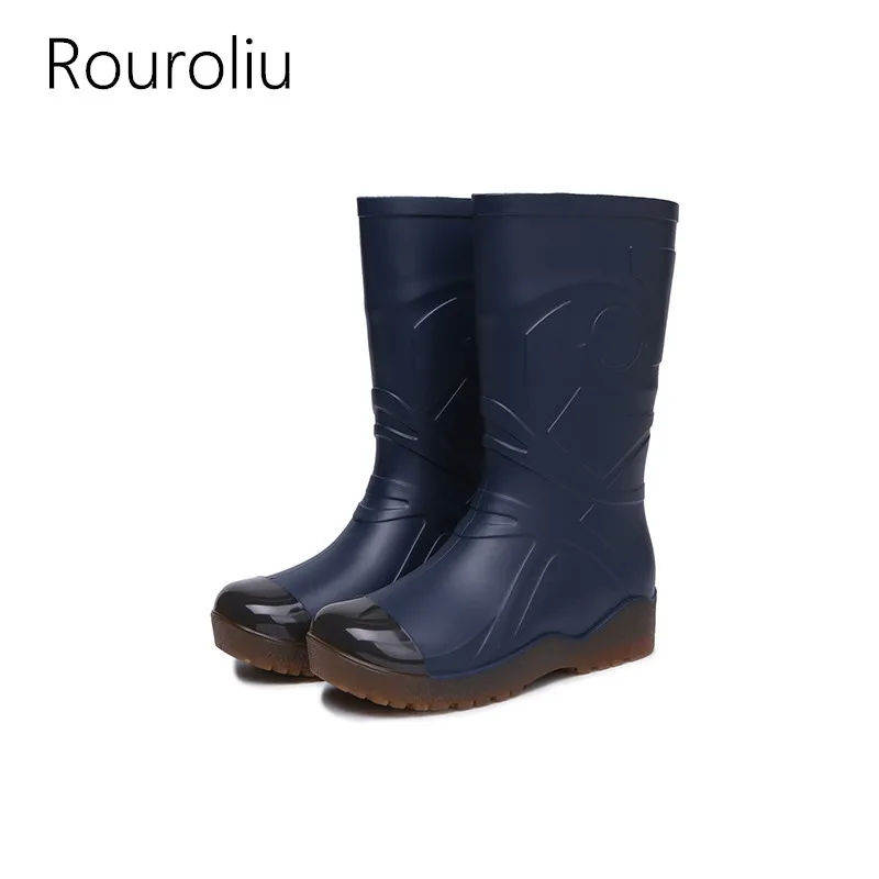 Rouroliu/Мужская зимняя обувь, непромокаемые сапоги до середины икры из ПВХ, непромокаемая обувь, мужские резиновые сапоги для работы, RT286