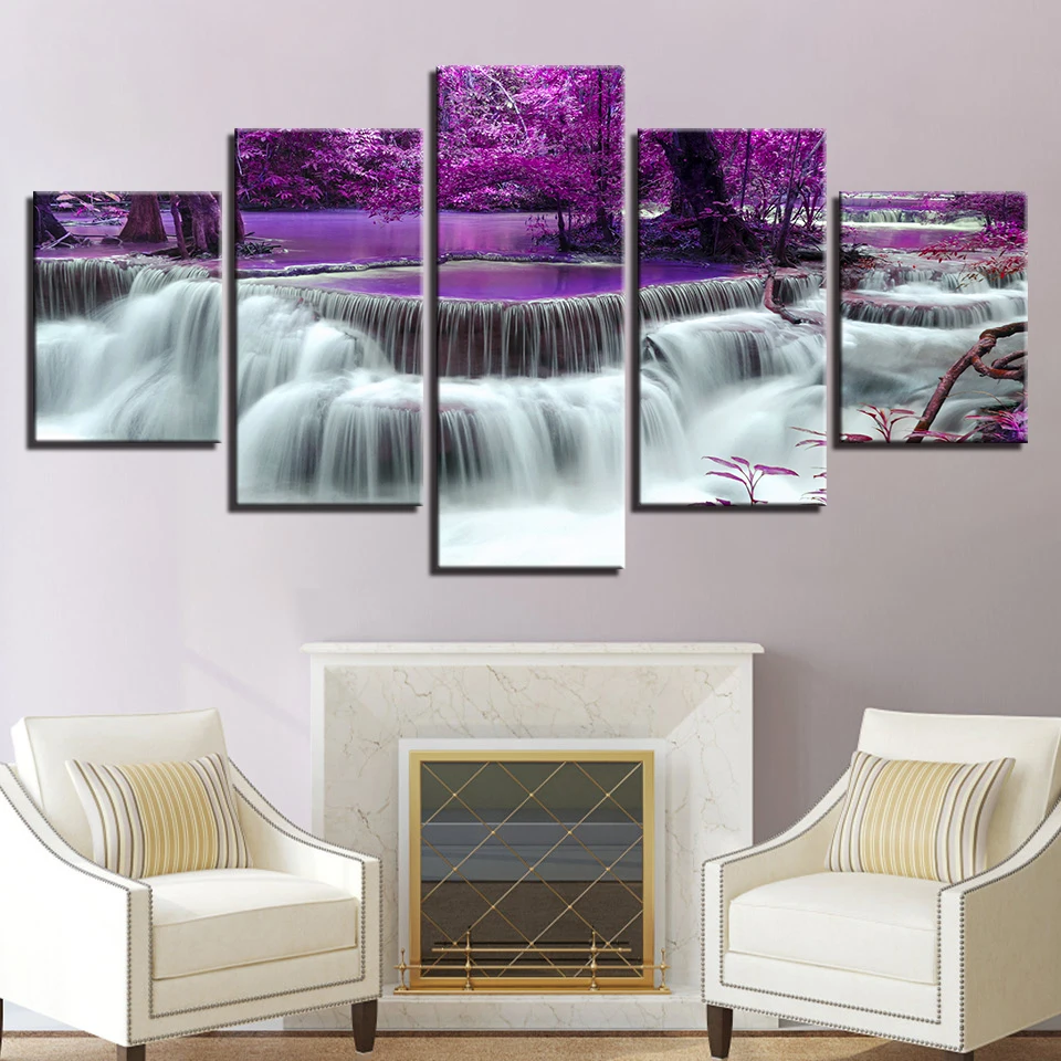 Печать на холсте плакат Декор для гостиной картина рамки 5 шт. с фиолетовым лесом дерево озеро с водопадом пейзаж картины стены искусства