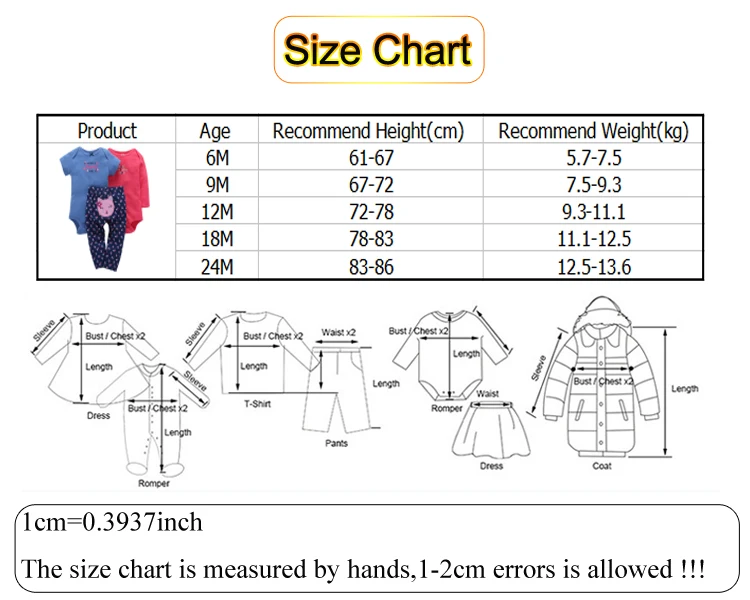 size chart 3pcs baby clothes set high quality Broadcloth for summer autumn 6-24M
