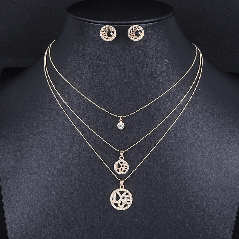 

Adjustable Silver Color Jewelry Sets 3 Pieces/set Vintage Heart Shape Pendant Multi-layer Necklace Set Stud Earrings Hot Sale
