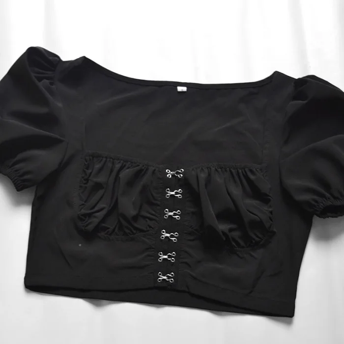 Women Tops Belly Front Button Design Short Bubble Sleeves Casual T-shirts for Summer-OPK