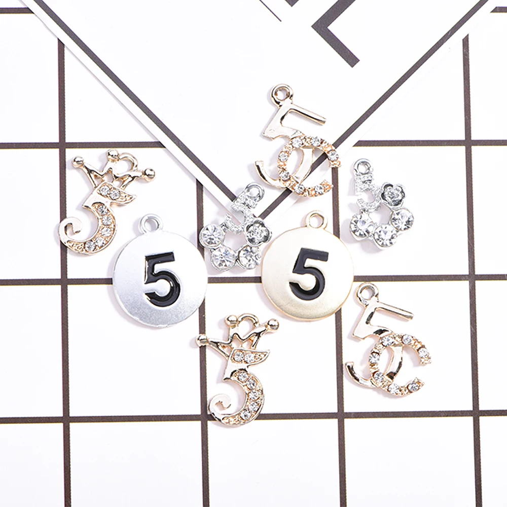 

No. 5 Metal Charms with Rhinestone Alloy Planner Charm for Women Jewelry Making Handmade Pendant Accessories Gift for Girls 5pcs