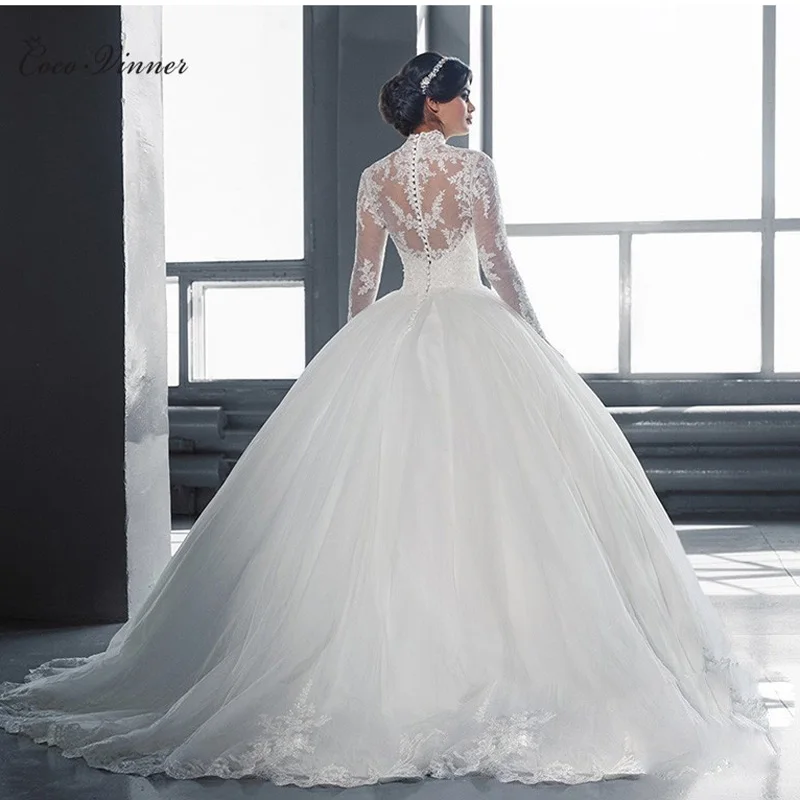High Neck Vestido De Noiva IIIusion Back Long Sleeve Wedding Dress 2021 Custom made Lace Applique Ball Gown W0019 | Свадьбы и