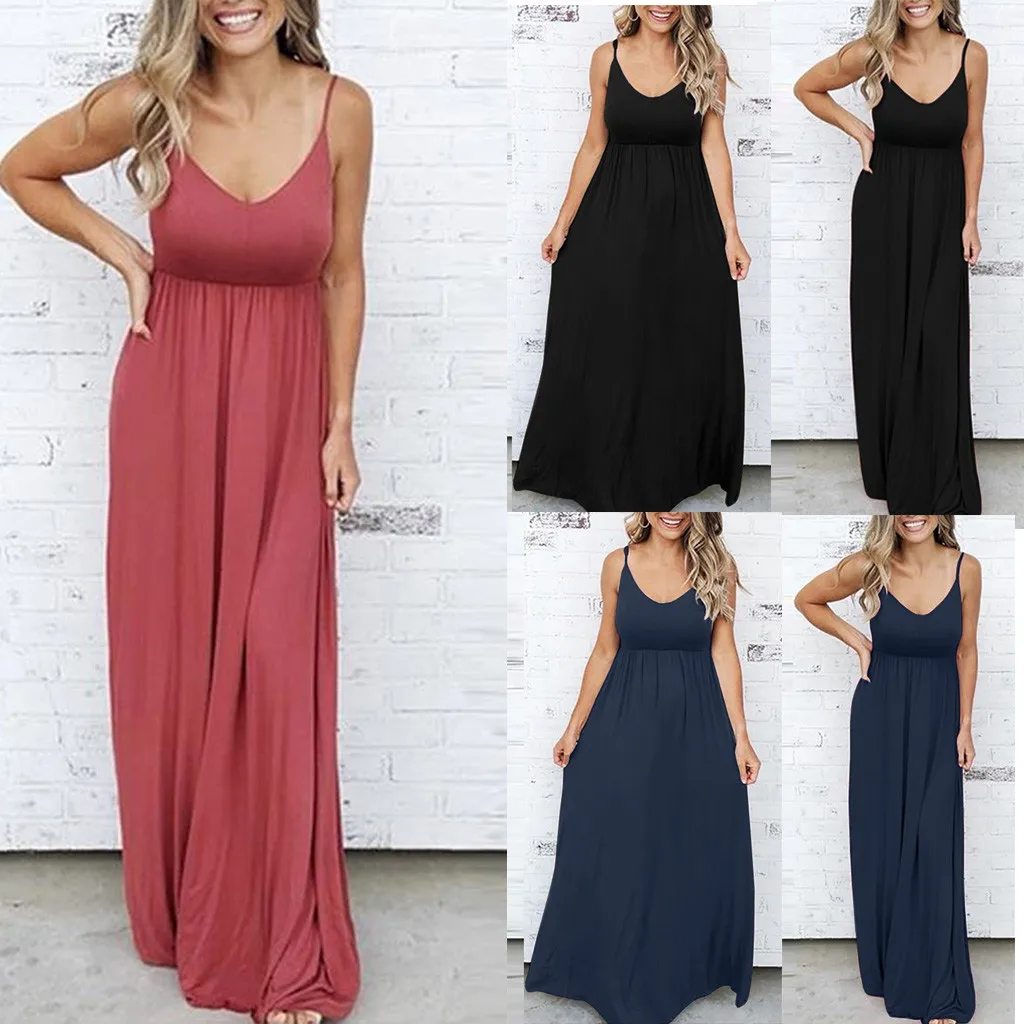 

Women Sexy Sleeveless Solid Color Maxi Long Dress Causal Holiday Beach Party Long Dress Women Vestido Vestidos De Fiesta Robe