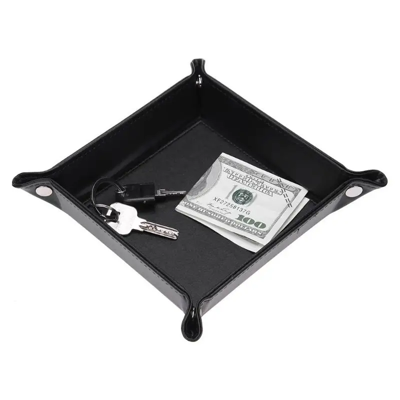 Desk Key Storage Box Square PU Leather Folding Storage Tray Organizer