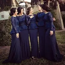 Темно-Синяя Русалка длиной в Пол с длинными рукавами кружевное платье подружки невесты свадебное Длинное нарядное платье Vestido Mae Da Noiva