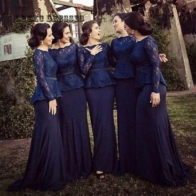 Navy Blue Mermaid Floor Lengte Lange Mouwen Lace Bruidsmeisje Jurken 2019 Wedding Party Gown Lange Vestido Mae Da Noiva Navy Blue Mermaid Floor Lengte Lange Mouwen Lace Bruidsmeisje Jurken 2019 Wedding Party Gown Lange Vestido Mae Da Noiva