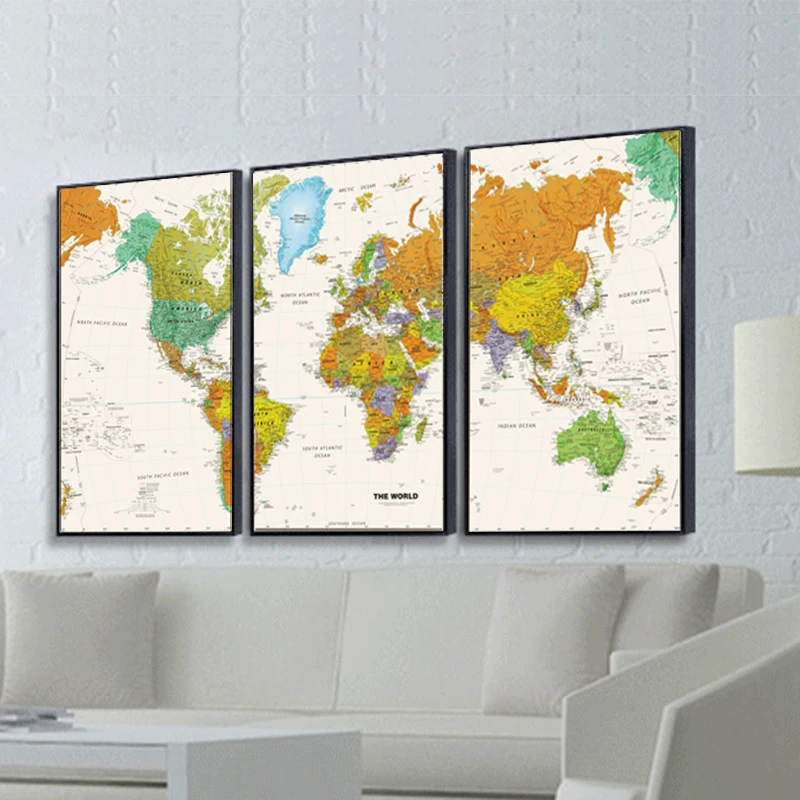 Selflessly Quadri Decorativi Moderni Mappa Del Mondo Vintage 3 Pannelli Set Immagini Per Soggiorno Stampe Su Tela Stampe Su Tela Senza Cornice Pittura E Calligrafia Aliexpress