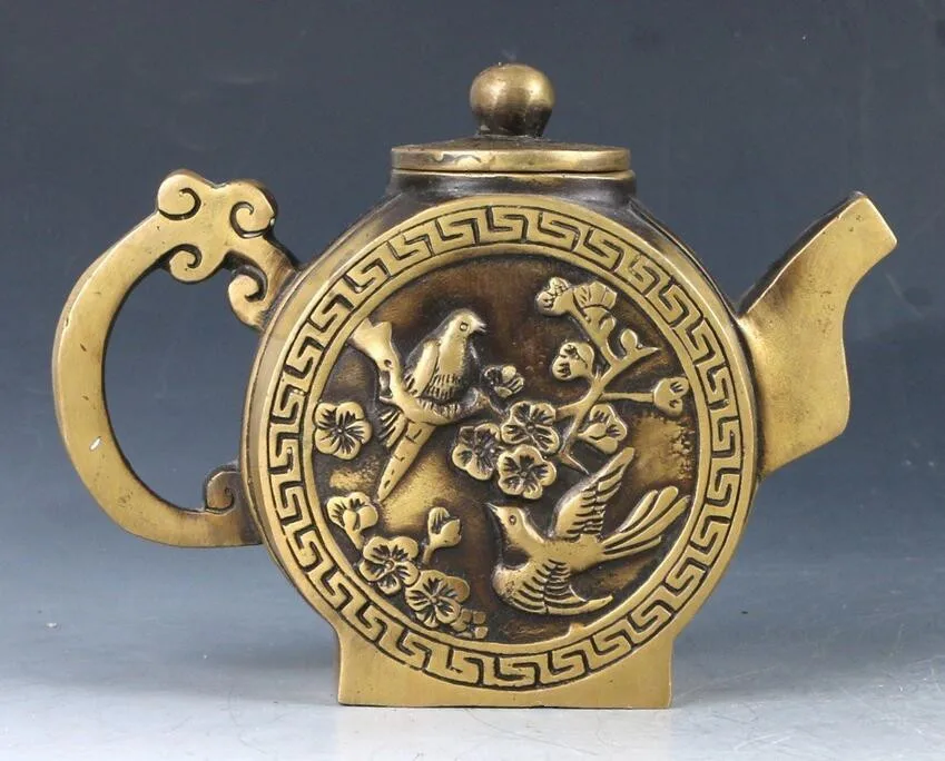 Китайский латунный ручной резной птица и чайник с цветами W Qianlong Mark