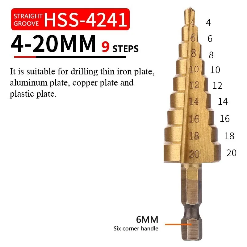 HSS титановые ступенчатые сверла для металла, дерева с шестигранным хвостовиком, ступенчатое долото 3-12/4-12/4-20/4-32, столярные инструменты, шнековое сверло - Цвет: Straight groove 4-20