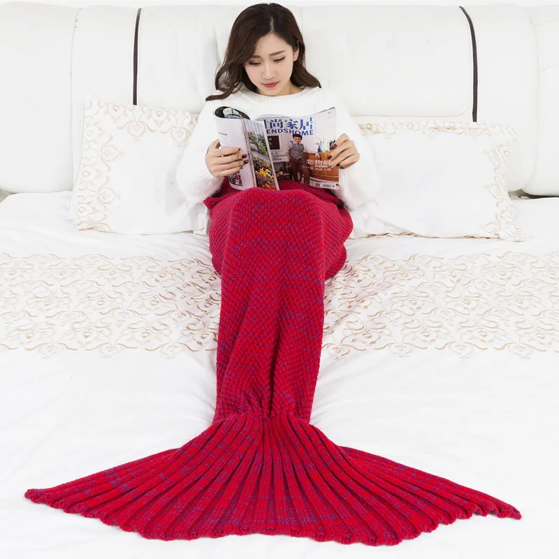 Одеяло русалки для взрослых и детей, вязаное одеяло с хвостом русалки, плед, пряжа, вязаный крючком ручной работы, пледы на диван - Цвет: Красный