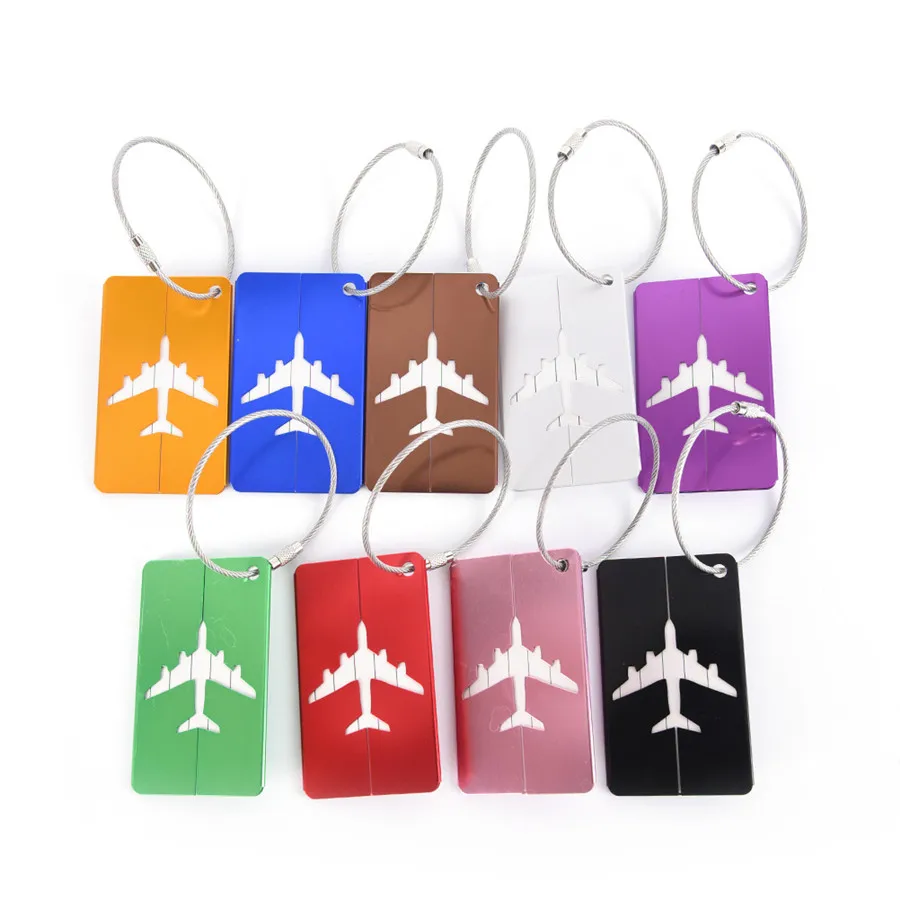 Etiqueta de equipaje de viaje de aleación de aluminio, etiqueta colgante para maleta, avión con tarjetas de identificación de nombre, antipérdida, accesorios de viaje de Color sólido