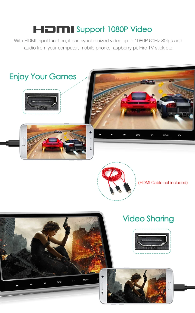 Тыква 10,1 ''Автомобильный подголовник dvd-плеер 1024*600 HD TFT цифровой экран USB/SD HDMI порт Автомобильный монитор Поддержка 1080P видео