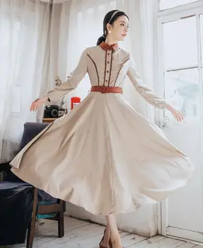 

High Quality Hot Sale Retro Autumn Winter New Arrival Peter Pan Collar Long Sleeve Plaid Woman Long Dress