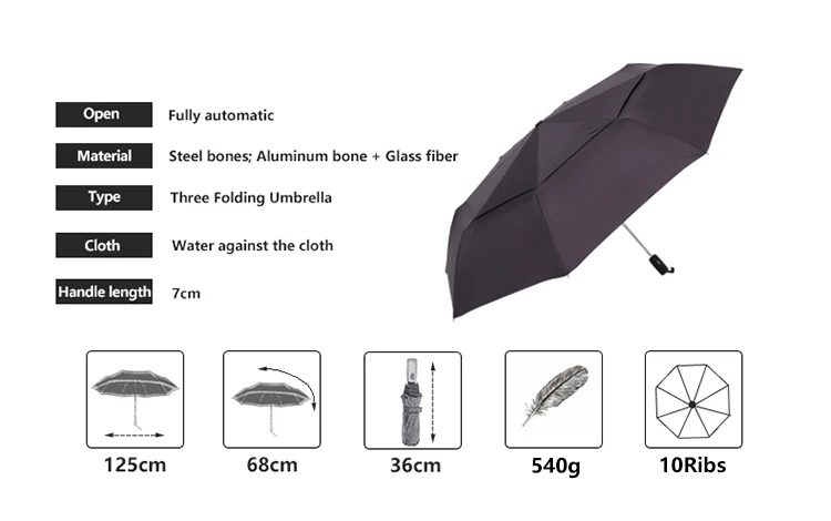 Сильный ветронепроницаемый 125 см Большой Автоматический Зонт мужской Двухслойный 3 складной зонтик для гольфа Зонт от дождя женский дорожный зонтик
