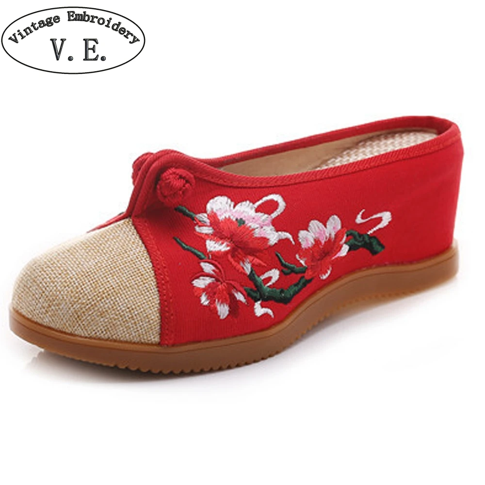 

Vintage Embroidery Women Linen Cotton Mule Slippers Close Toe Wedge Platform Shoes Woman Casual High Heels Zapatillas Mujer