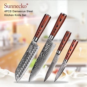 

SUNNECKO 4PCS Kitchen Knives Set Damascus Paring Utility Santoku Chef Knife Japanese VG10 Steel Blade Knives Pakka Wood Handle