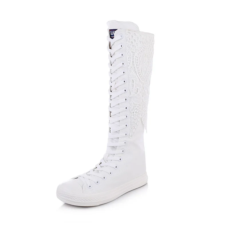

2019 New high waist lace canvas shoes front zipper lace fashion women's canvas boots women's knee high canvas shoes Plus 34-43