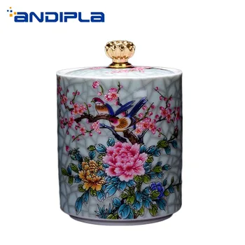 

Exquisite Enamel Color Tea Jar Ceramic Flower Bird Pattern Seal Jars Tea Leaf Tieguanyin Storage Caddy Cans Beans Tanks Decor