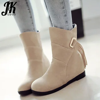 

JK Elevator Boots Women Round Toe Tassel Booties Ladies Fashion Casual Metal Shoes Female Platform Shoes Girl Winter 2019 New
