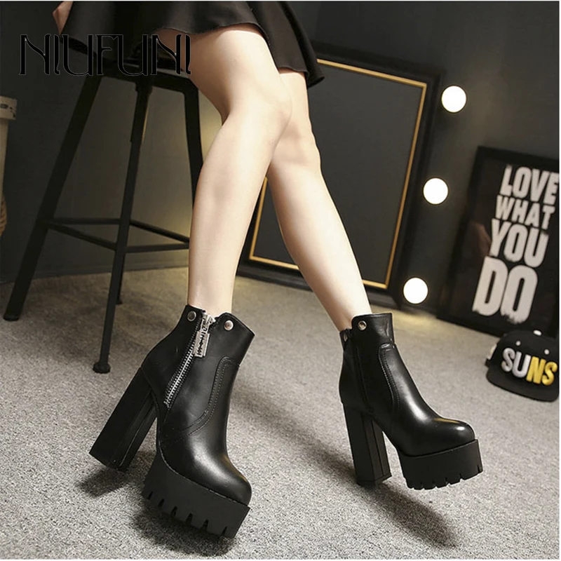 

Solid Color PU Leather Platform Ankle Boots Women Zip Martin Boots Spring Autumn Shoes Women Chaussures Femme Western Boots