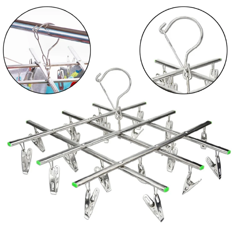 Windproof Laundry Hanger Collapsible Stainless Steel Hanging Rack 20 Clothespin Clothes Tie Socks Clips Hanging Rack photo