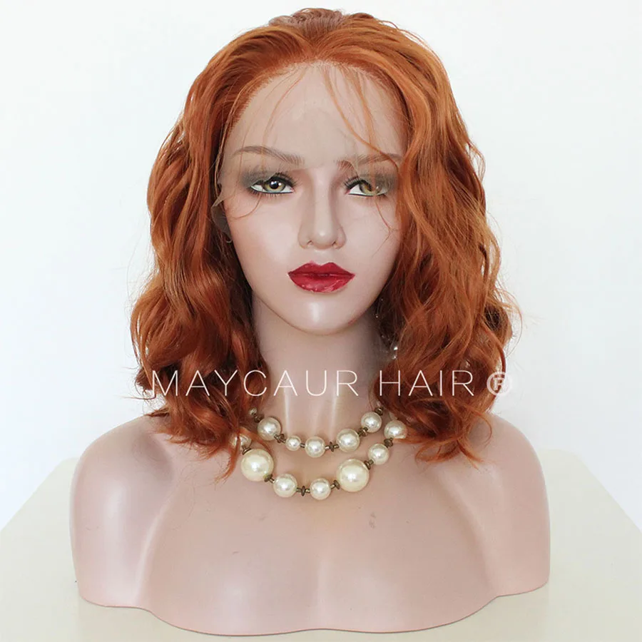 Maycaur Orange Color Front Lace Bob Wigs Glueless Short Wavy Hair Synthetic Lace Front Wigs for Black Women 14 Inch