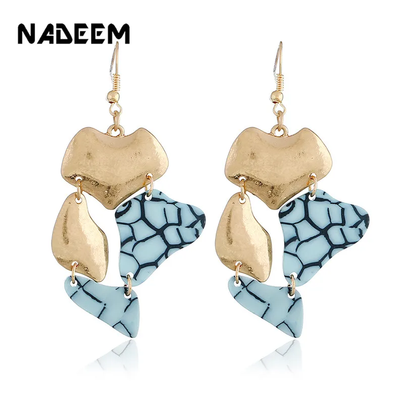 

Handmade fashion boho geometric marble gold drop earrings women girls howlite stone earrings earrings jewelry temperament