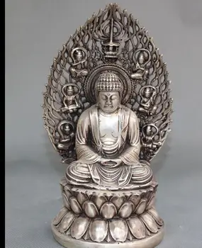 

zhmui88002840946++8" Chinese Tibet Buddhism Silver Seat Lotus Shakaymuni Sakyamuni Buddha Statue