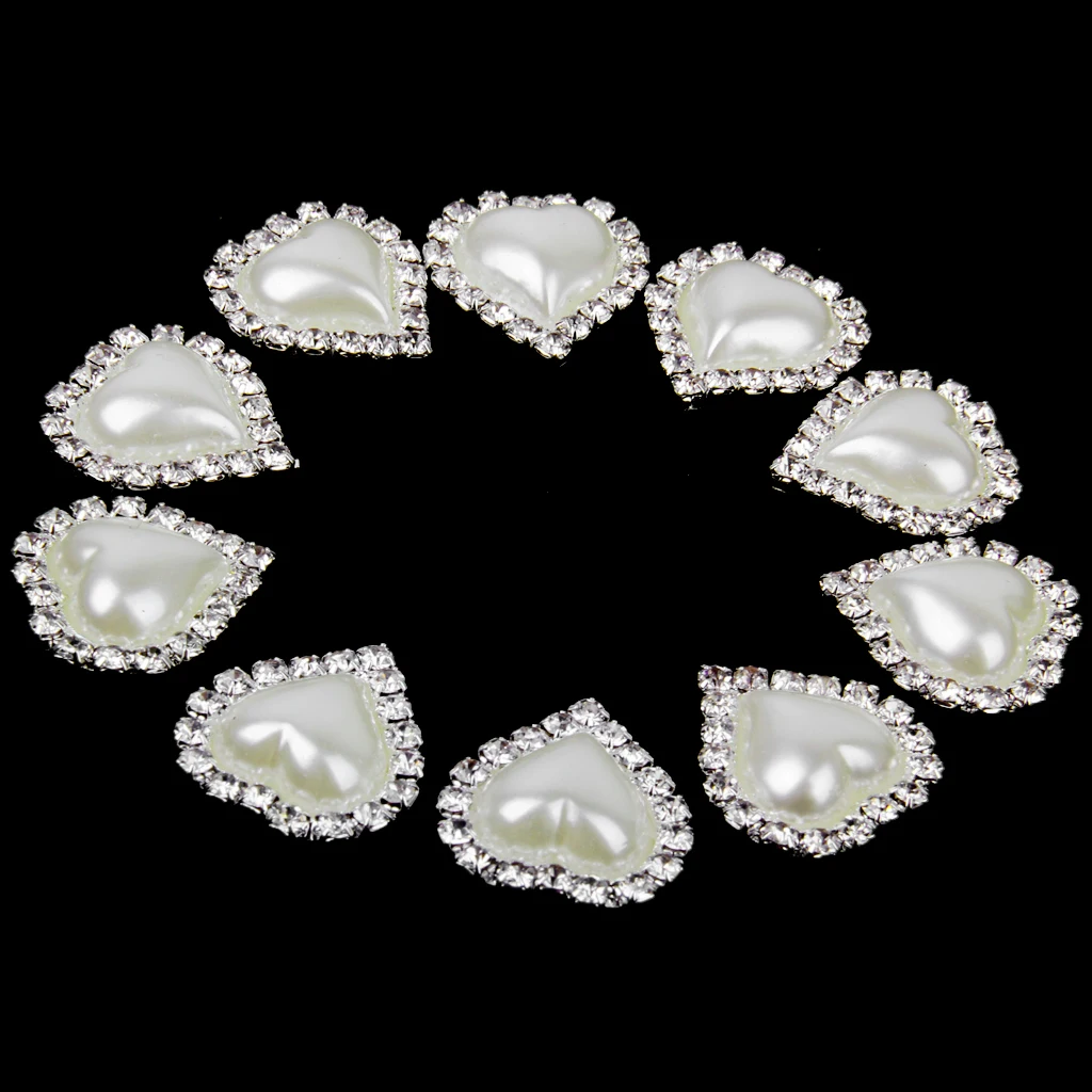10pcs Heart Crystal Beige Faux Pearl Button Flatback Embellishment 20mm x 25mm