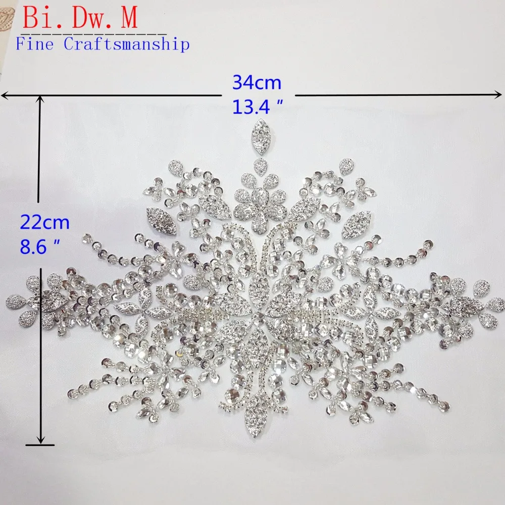 Bi. Dw. M, тонкая работа, Серебряные Кристаллы, стразы, вышивка бисером, Аппликации, патчи 22x34 см для свадебного украшения, свадебное платье